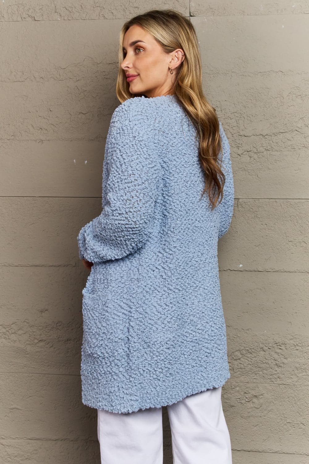 Zenana Falling For You Full Size Open Front Popcorn Cardigan.