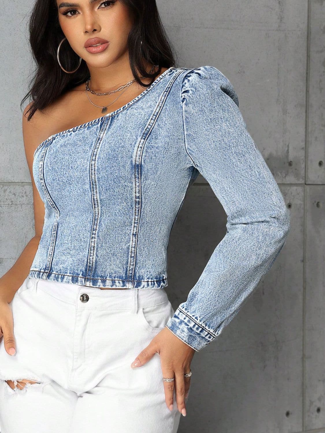 One Shoulder Long Sleeve Denim Top.