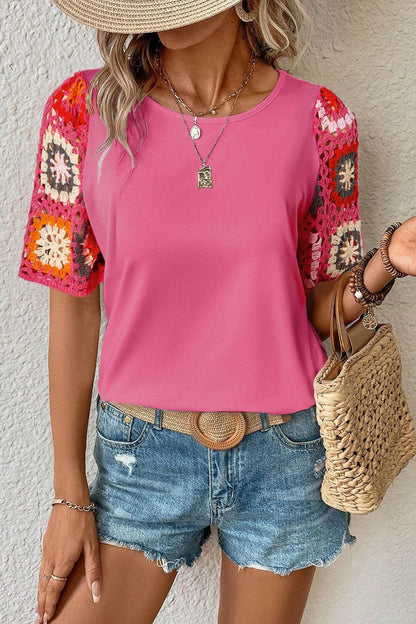 Geometric Round Neck Short Sleeve Blouse.