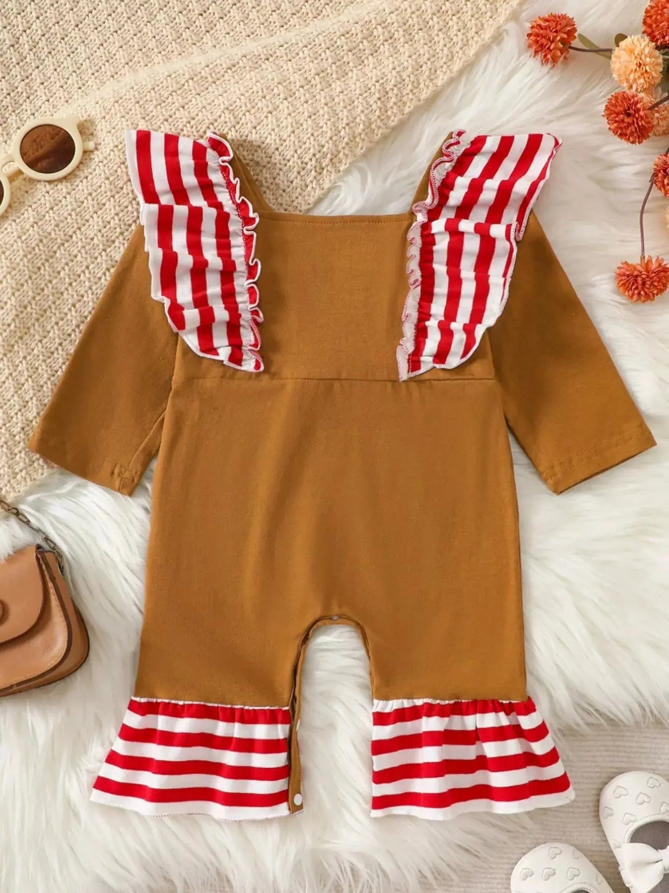 Children's Christmas Gingerbread Inspired Ruffle Trim Snapped Legs Jumpsuit Simply Love