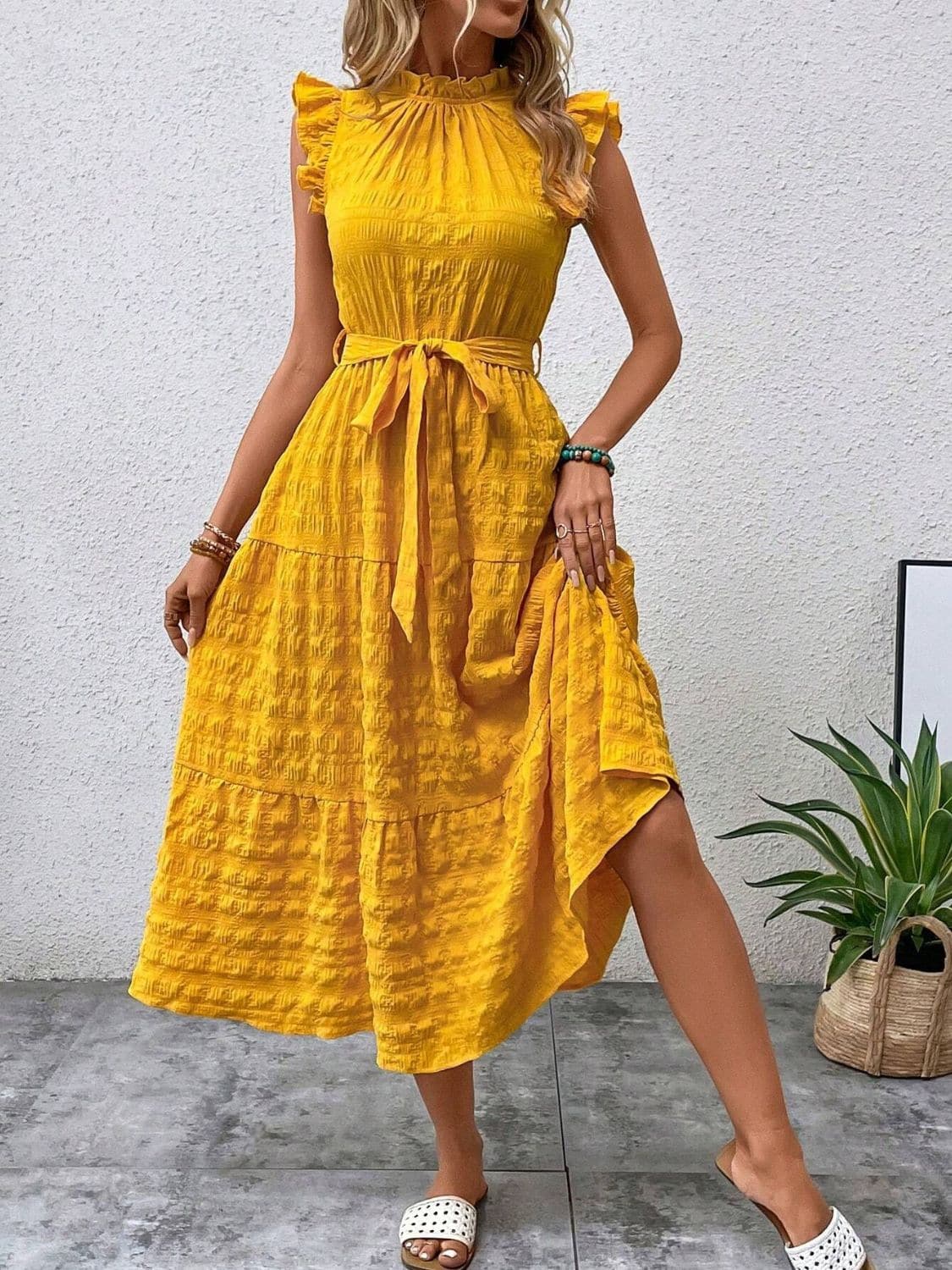 Tied Ruffled Cap Sleeve Midi Dress.