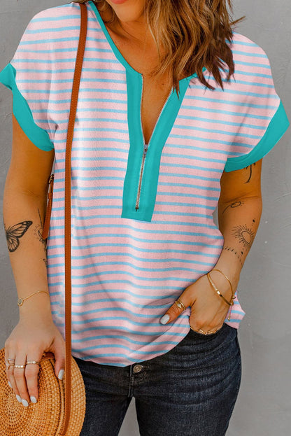 Striped Notched Short Sleeve T-Shirt.