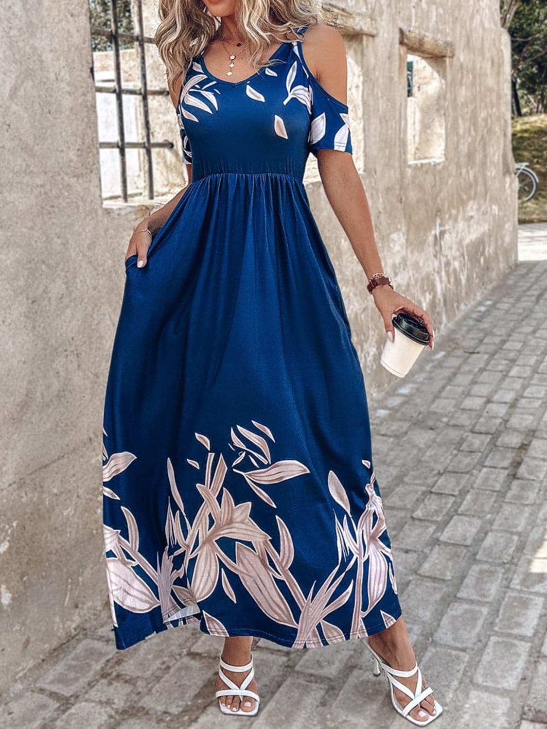 Printed Cold Shoulder Short Sleeve Maxi Dress.