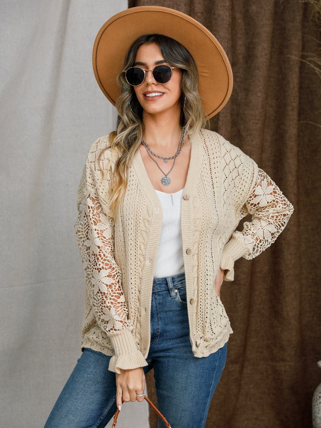 Eyelet Button Up Lantern Sleeve Cardigan.