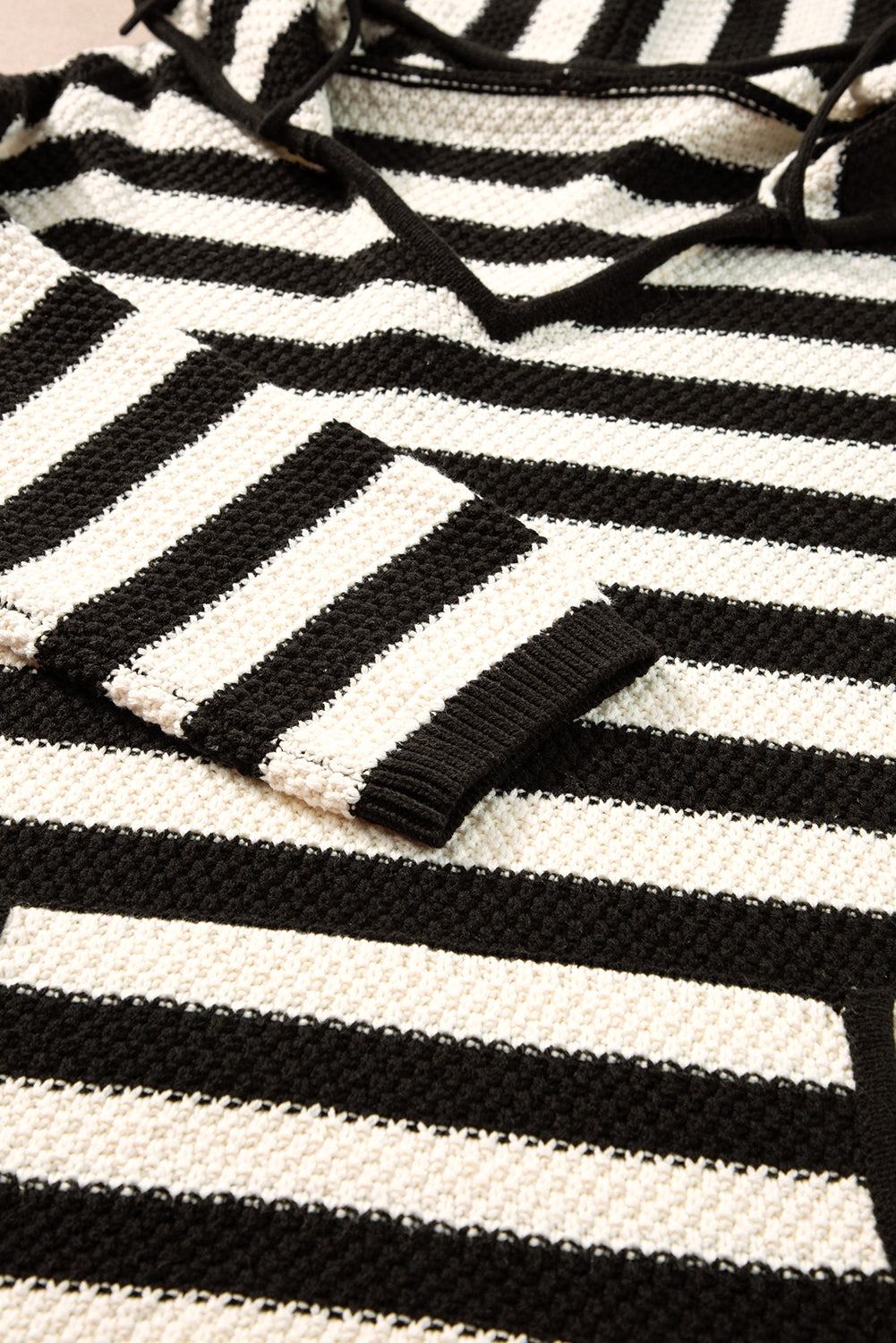 Striped Hooded V-Neck Sweater with Pocket Detail