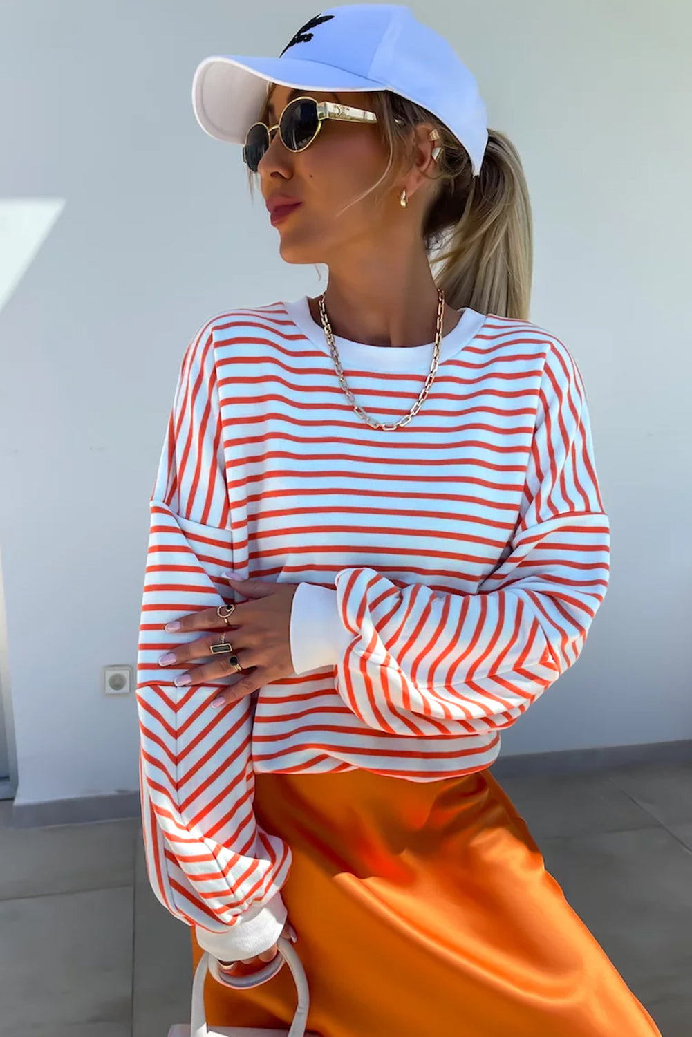 Chic orange stripe oversized crew neck sweatshirt