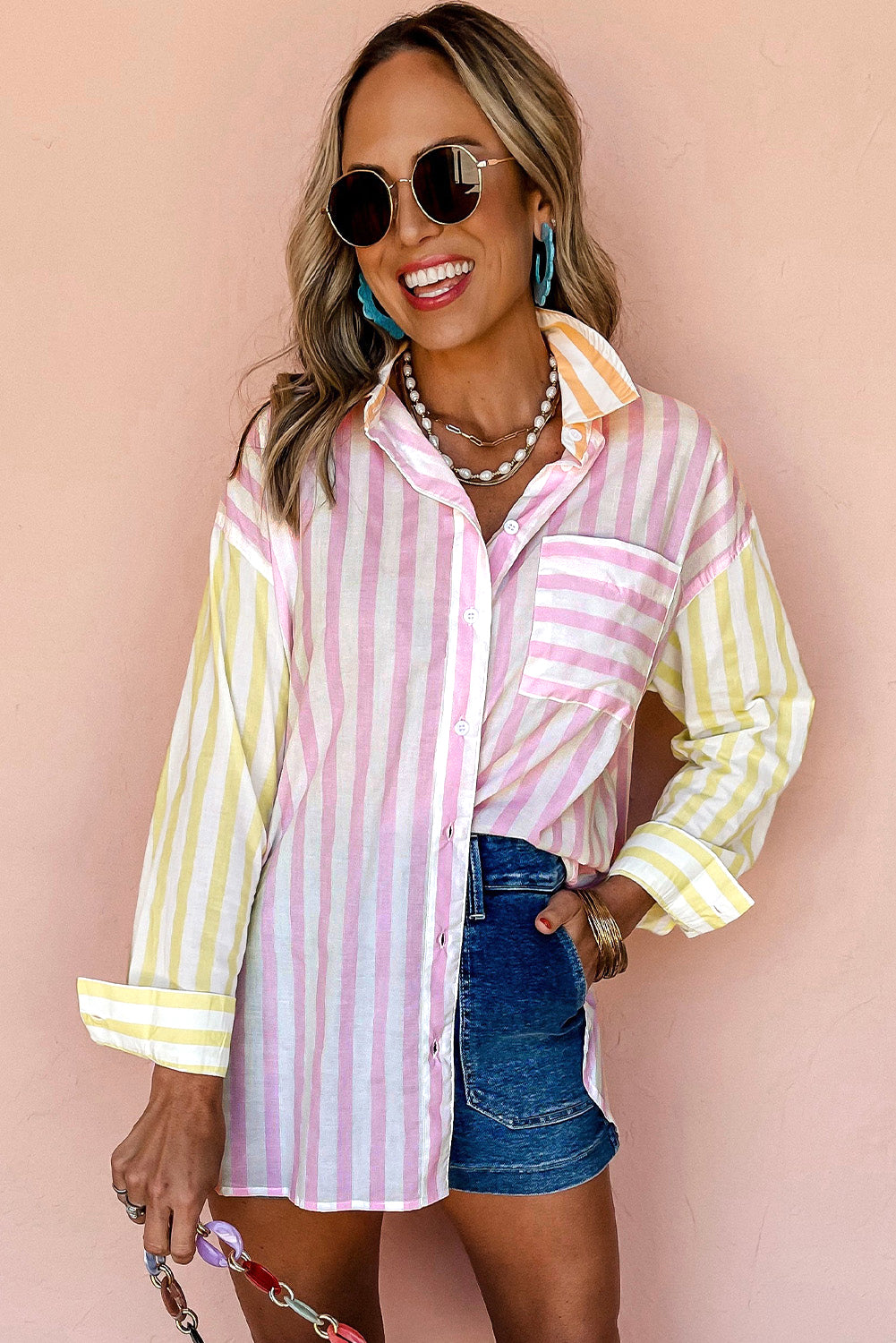 Pink striped patchwork shirt with contrast collar and long sleeves