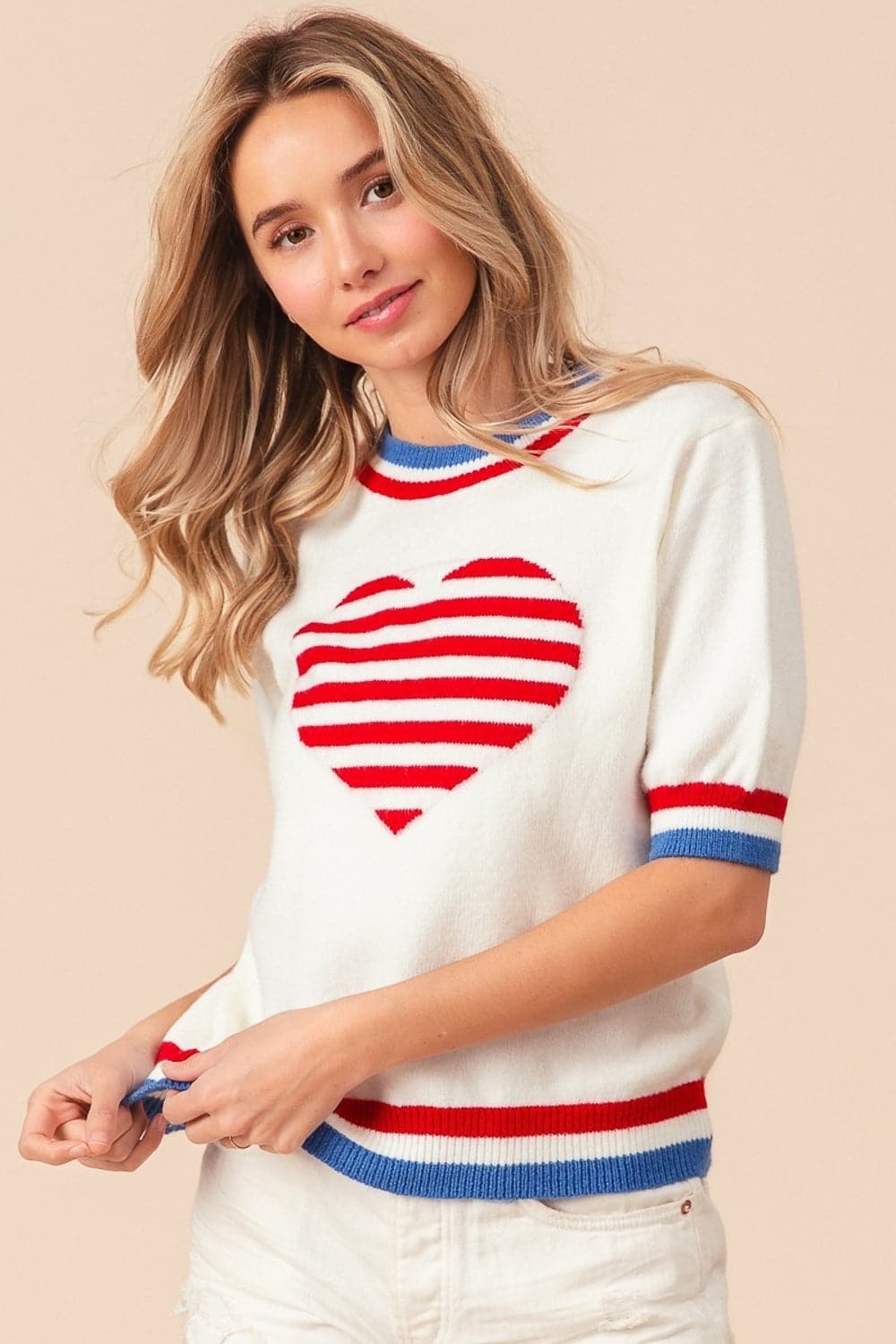 BiBi US Flag Theme Striped Heart Sweater.