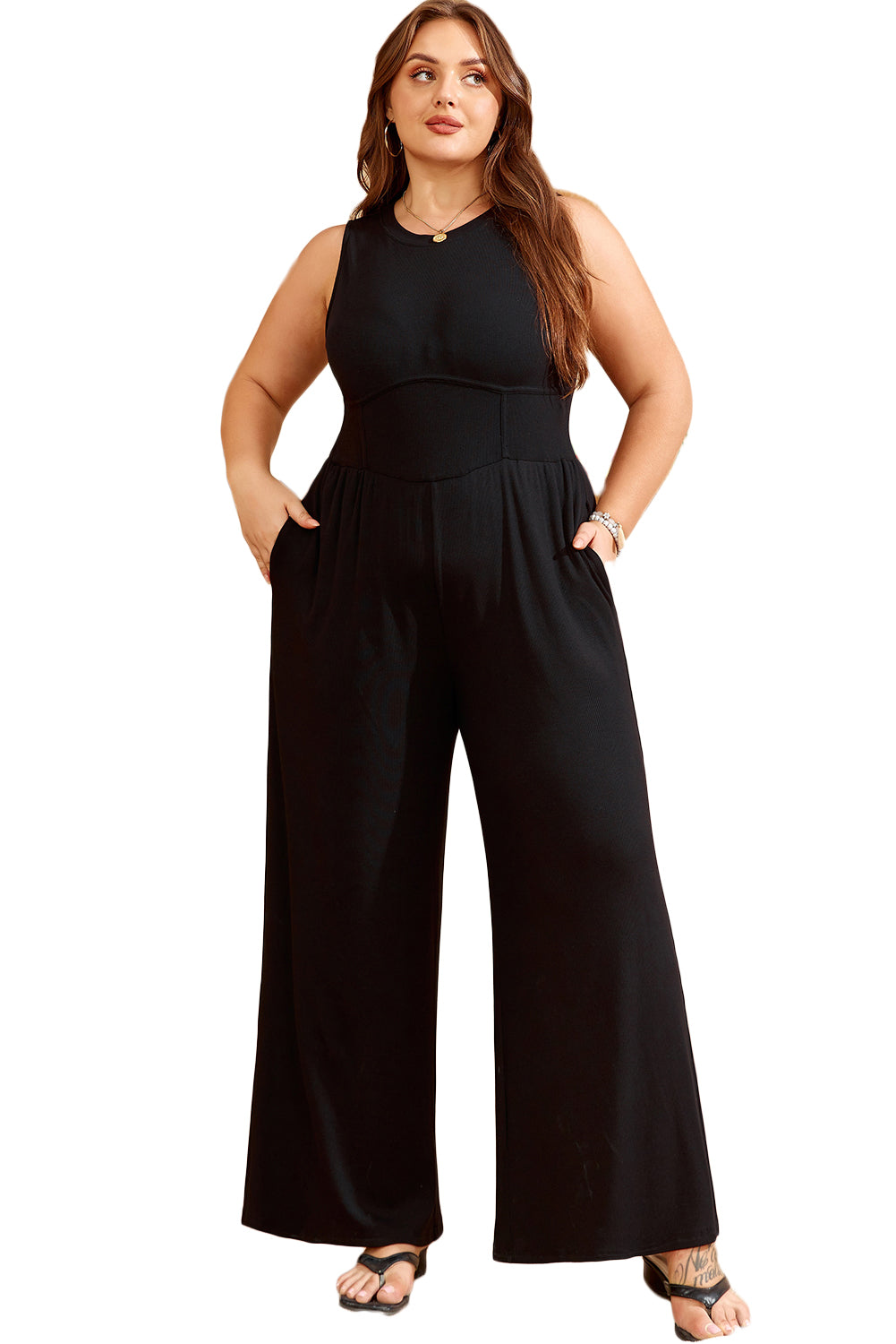 Black Plus Size Sleeveless Cinched Waist Wide Leg Jumpsuit