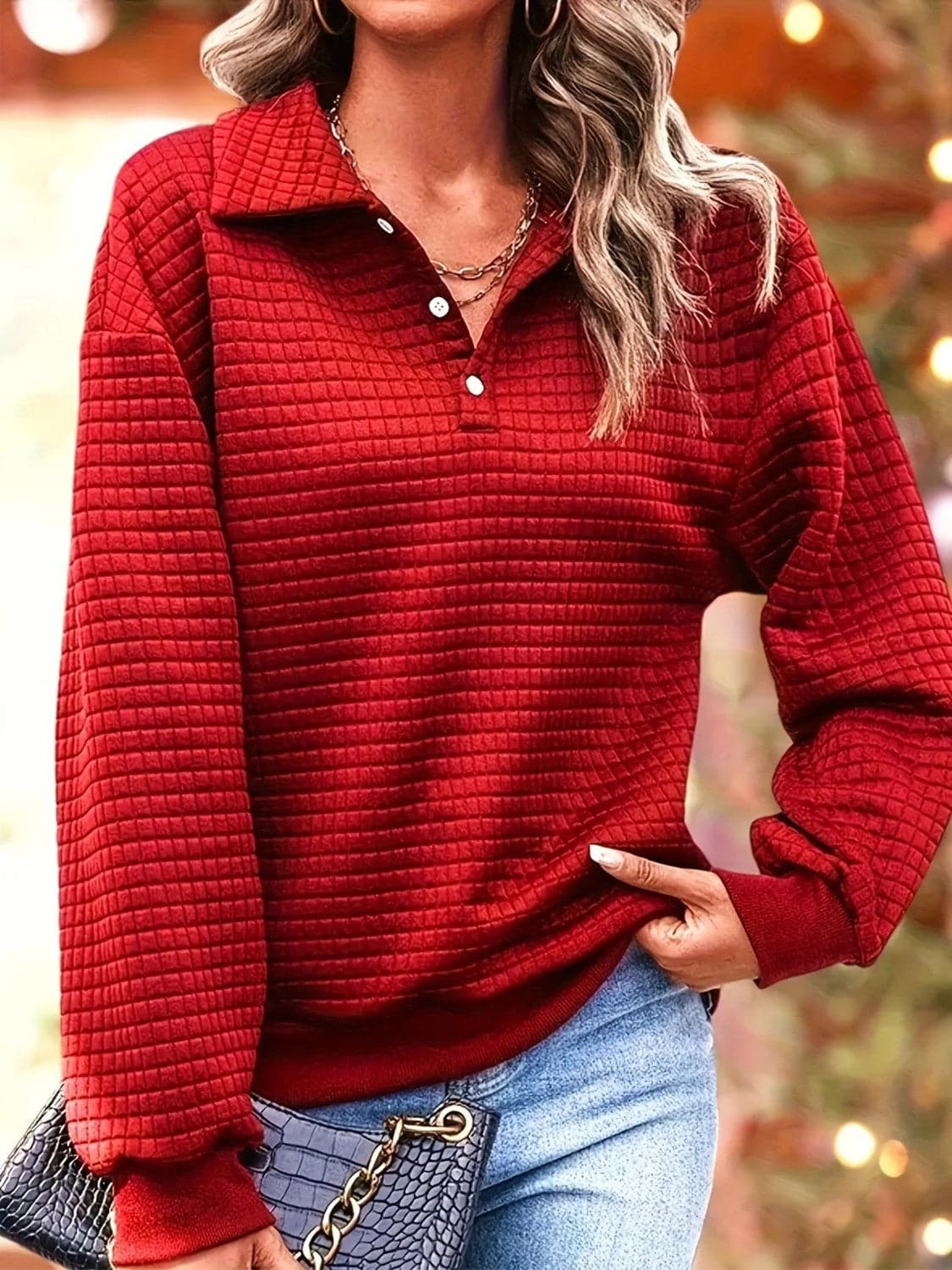 Waffle-Knit Collared Neck Long Sleeve Sweatshirt.