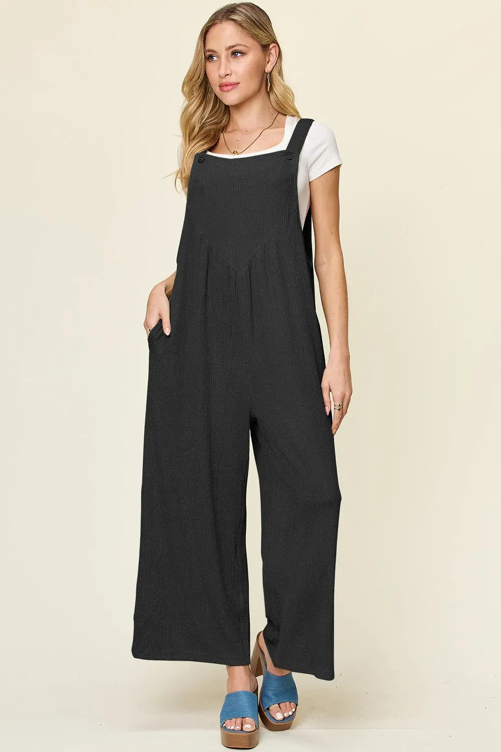 Double Take Full Size Texture Sleeveless Wide Leg Overall - Love Salve