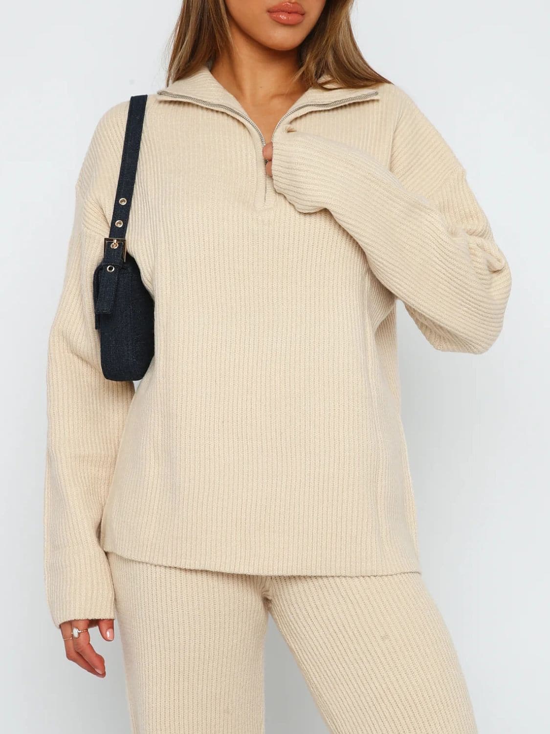 Cozy quarter zip ribbed lounge set with long sleeves and matching pants