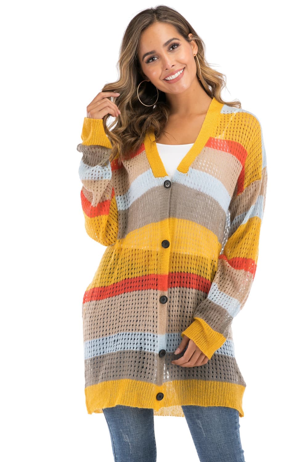 Color Block Openwork Long Sleeve Cardigan.