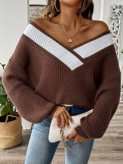 Color Block Dropped Shoulder Long Sleeve Sweater