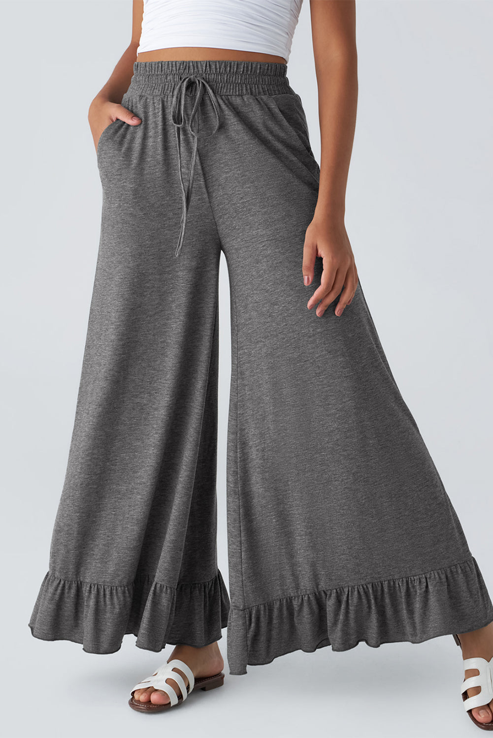 Medium Grey Ruffled Wide Leg High Waist Pants With Pockets Dear-Lover Dropshipping
