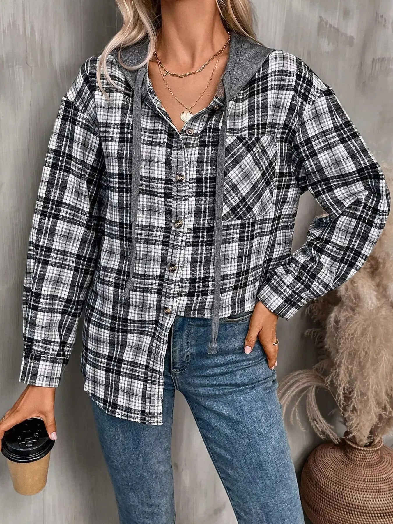 Hooded Plaid Button-Up Shirt Simply Love