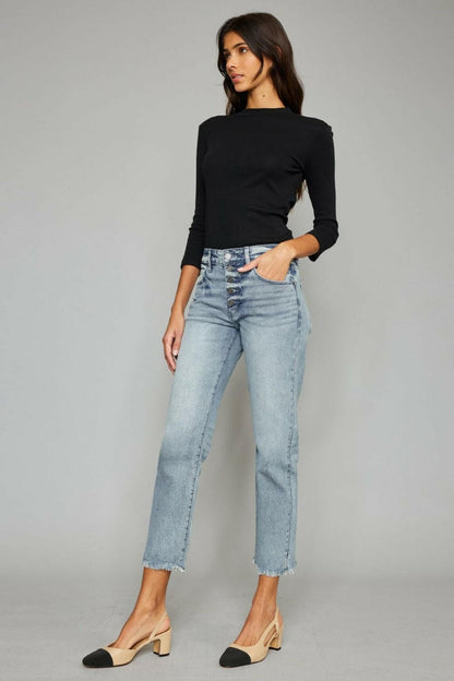 Kancan High Waist Button Fly Raw Hem Cropped Straight Jeans.