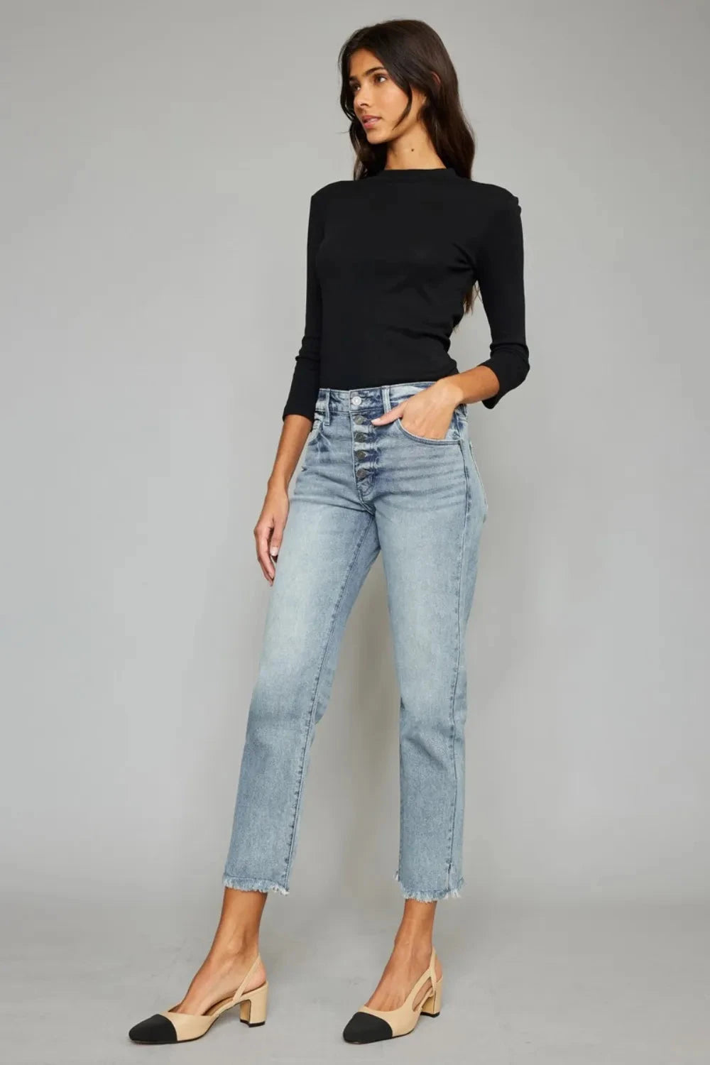 Kancan High Waist Button Fly Raw Hem Cropped Straight Jeans Coco’s Tee Boutique