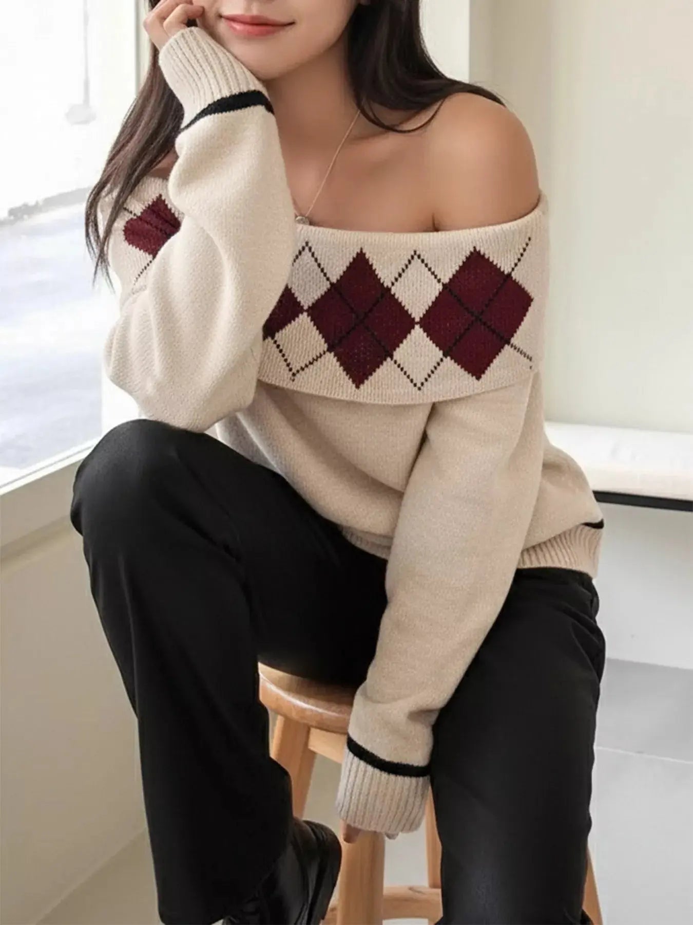 Off Shoulder Argyle Pattern Beige Sweater With Burgundy Diamonds Simply Love