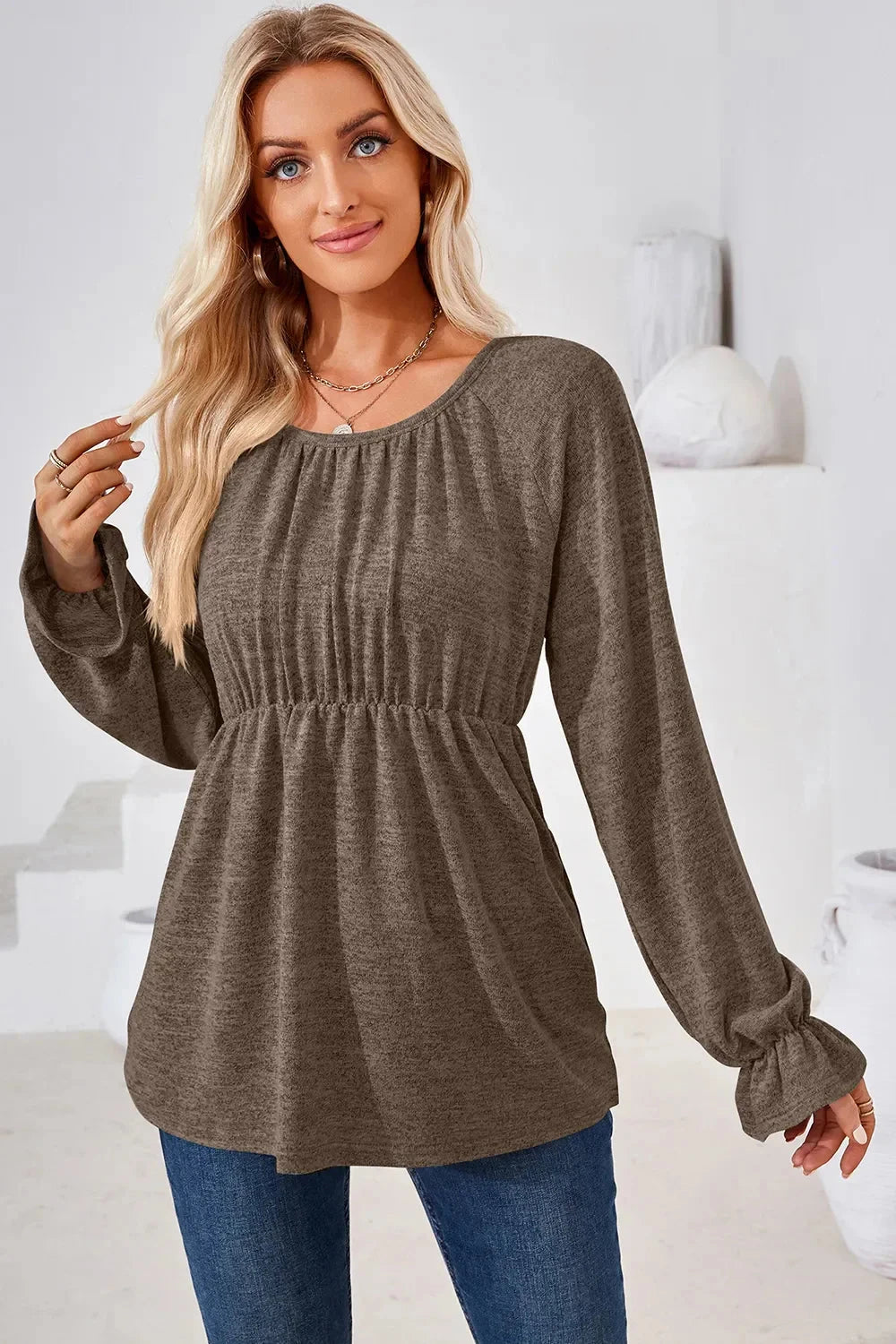 Ruched Round Neck Flounce Sleeve Blouse Coco’s Tee Boutique