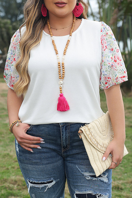 Kinslee Contrast Floral Puff Sleeve Ribbed Knit Plus Size Blouse for Women - Love Salve 