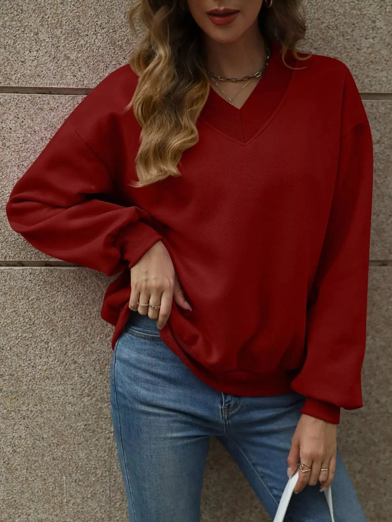 V-Neck Solid Color Casual Sweatshirt Simply Love