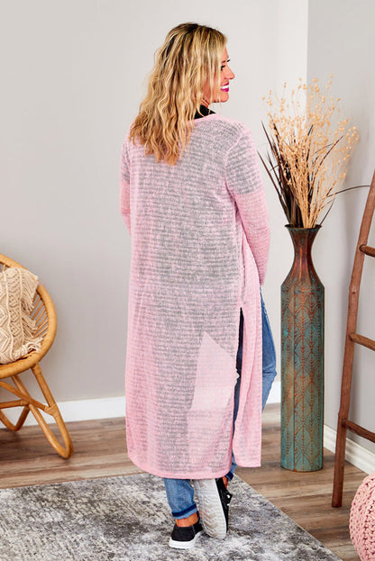 Chic pink sheer knitted cardigan with side slits for plus sizes