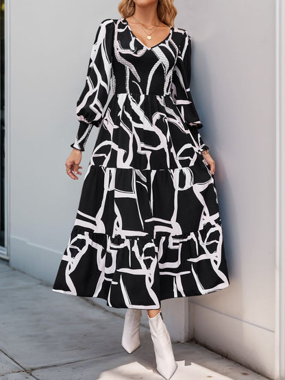 Perfee Smocked Printed Long Sleeve Midi Dress Elegance