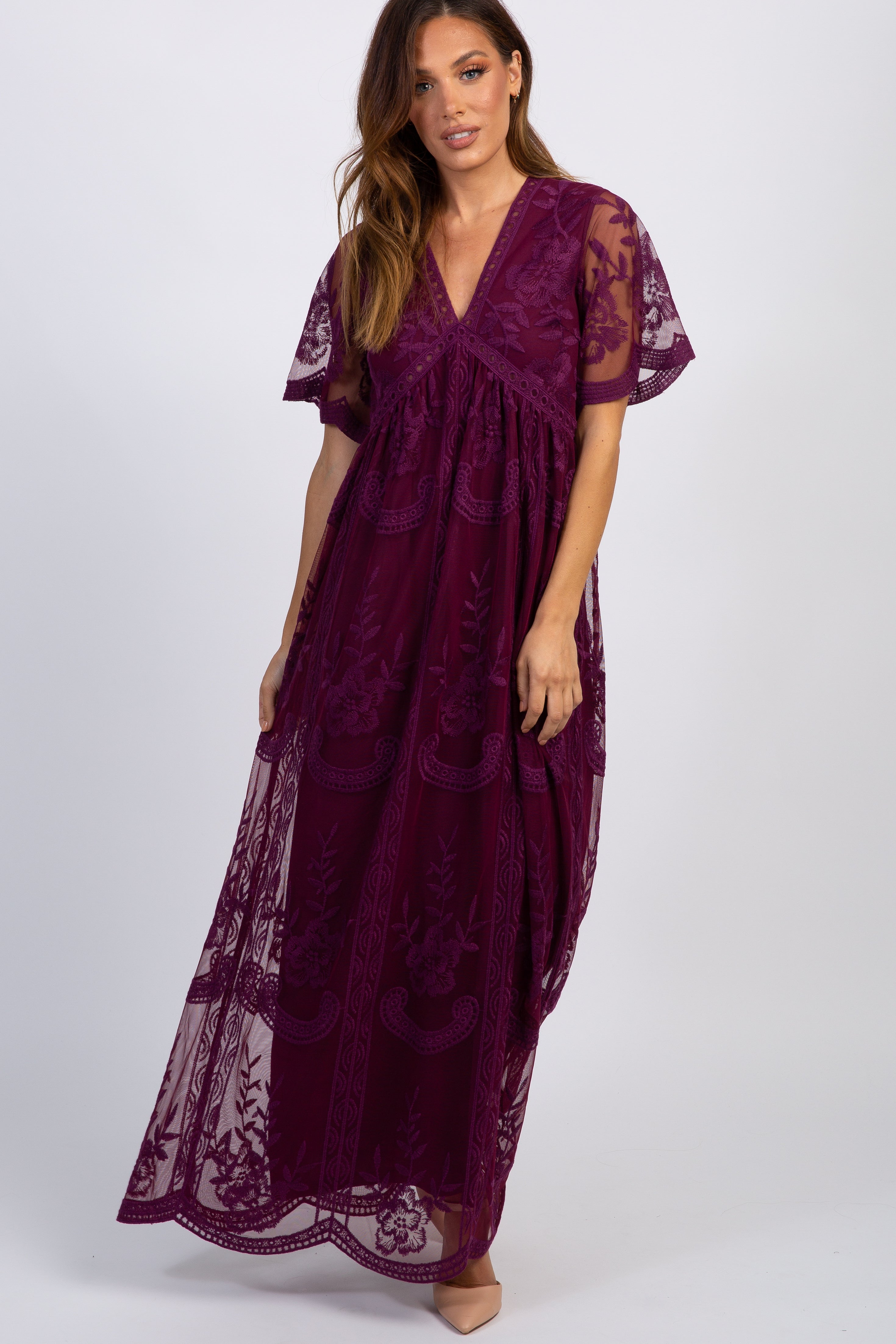 PinkBlush Deep Burgundy Lace Mesh Overlay Maxi Dress For Women PinkBlush