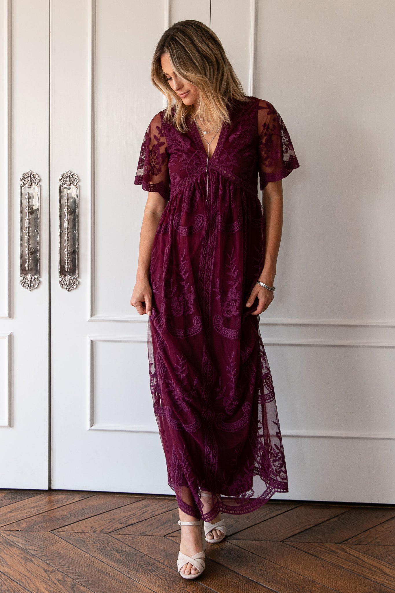 PinkBlush Deep Burgundy Lace Mesh Overlay Maxi Dress For Women PinkBlush