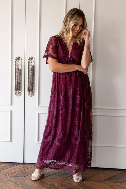 PinkBlush Deep Burgundy Lace Mesh Overlay Maxi Dress For Women PinkBlush