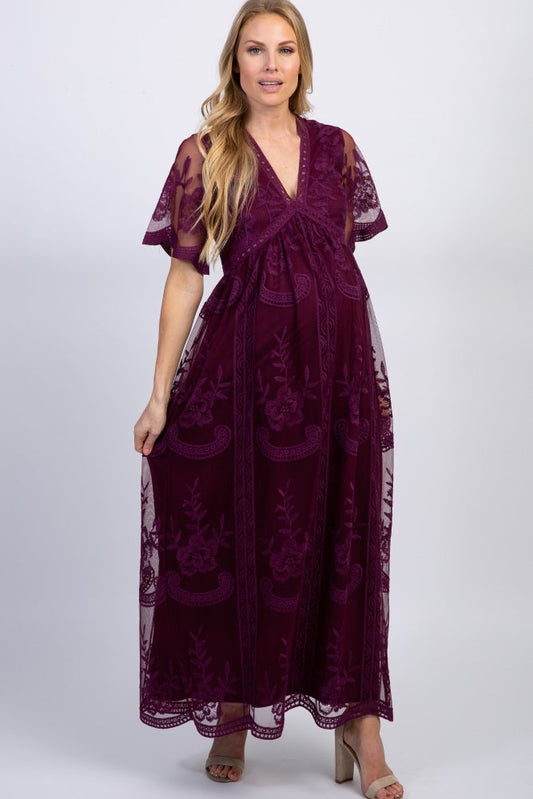 PinkBlush Deep Burgundy Lace Mesh Overlay Maternity Maxi Dress PinkBlush