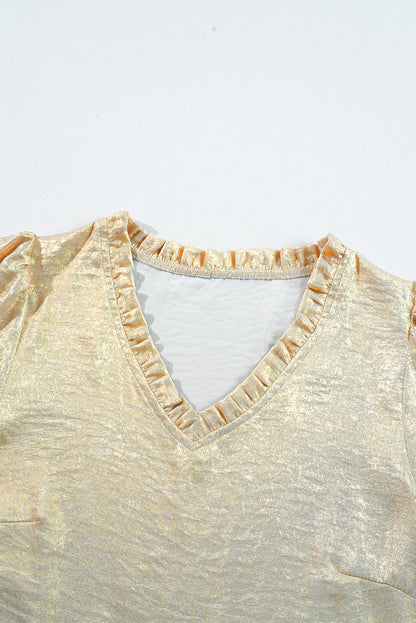 Gold metallic frilled V-neck puff sleeve babydoll blouse, elegant and stylish.