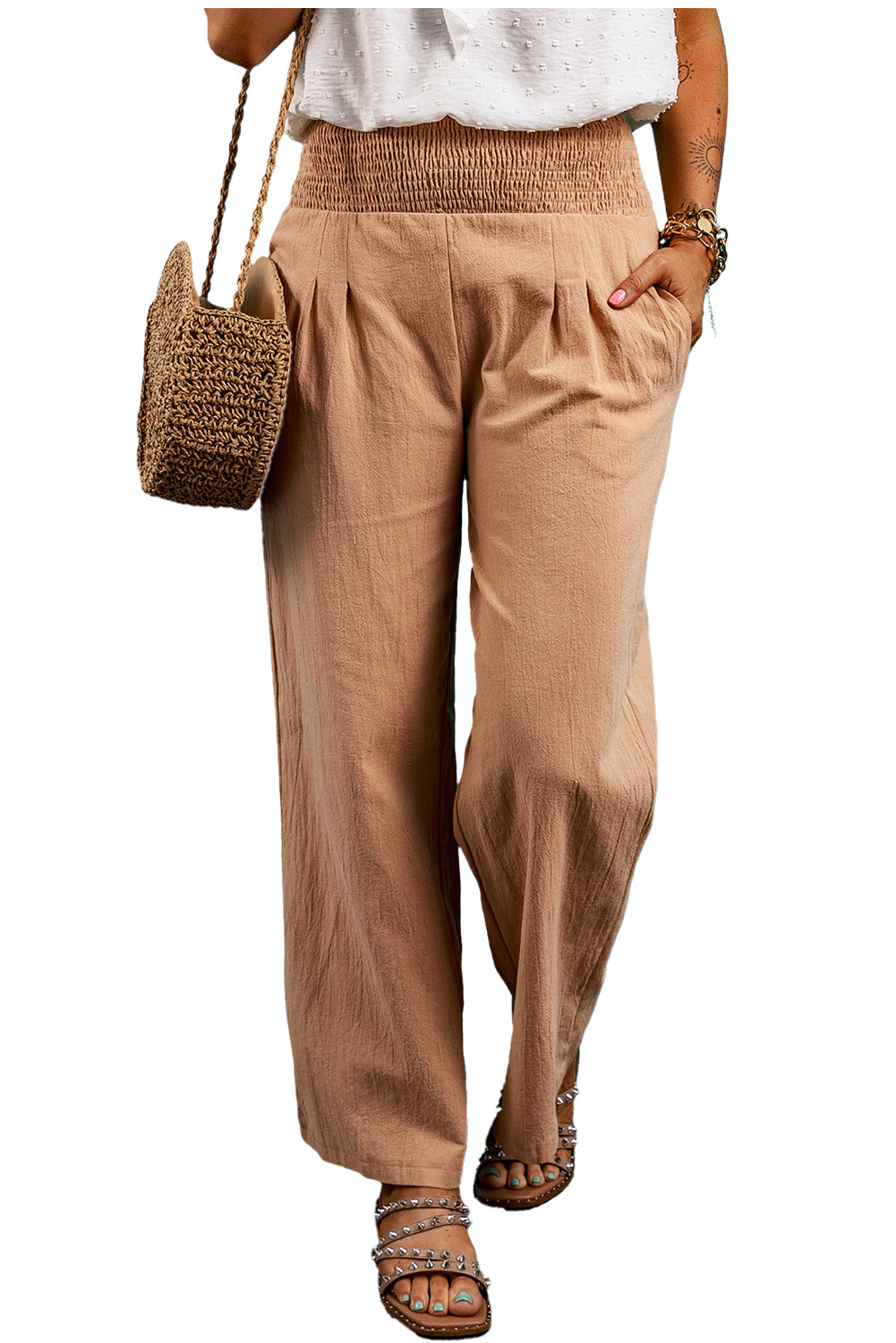 Clay smocked waist relaxed straight-leg trousers