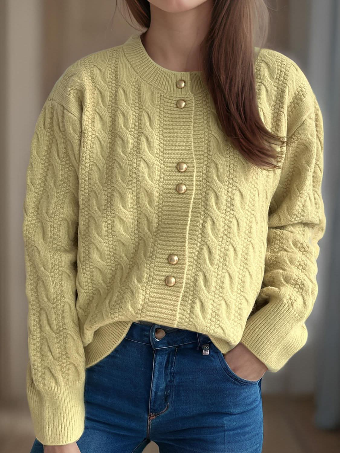 Cable-Knit Round Neck Long Sleeve Cardigan