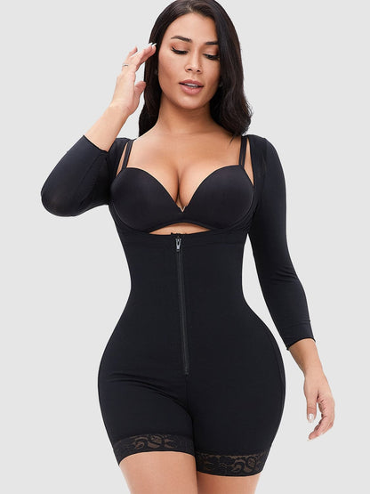 Full Size Zip Up Lace Detail Long Sleeve Shapewear.