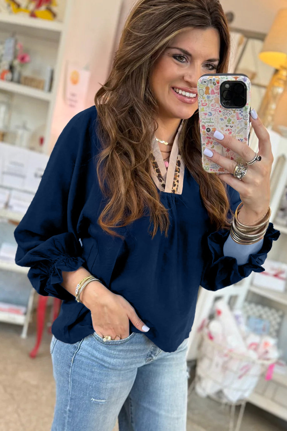 Dirty Blue Leopard Trim V Neck Flounced Bracelet Sleeve Blouse Dear-Lover Dropshipping