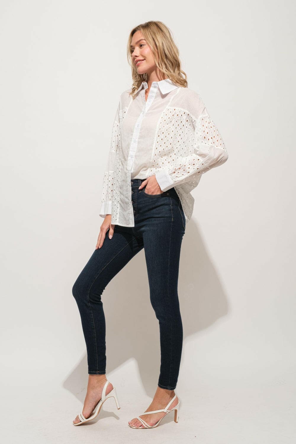 And The Why Eyelet Long Sleeve Button Down ShirtDiscover Timeless Elegance
 Indulge in sophistication with the And The Why Eyelet Long Sleeve Button Down Shirt. This exquisite shirt features intricate eyelet detaiLove Salve Eyelet Long Sleeve Buttonusa