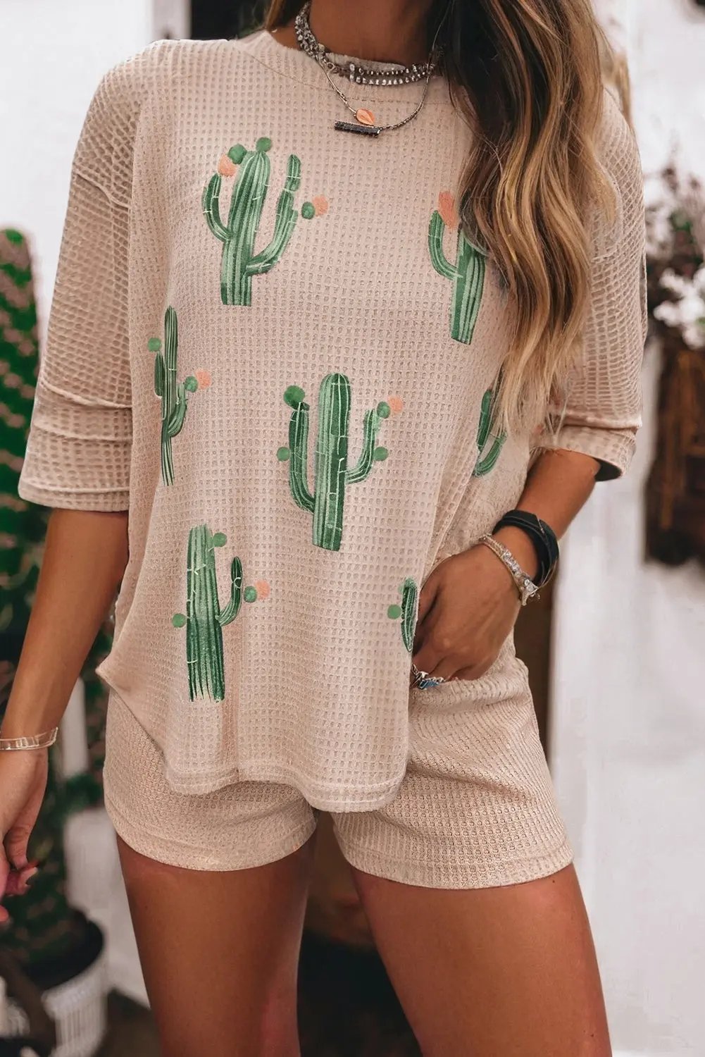 Light French Beige Cactus Forest Waffle Half Sleeve Tee Set Love Salve