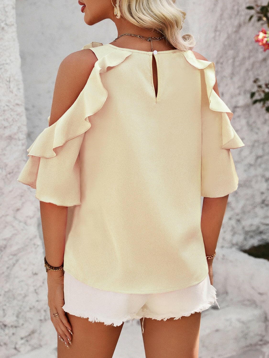 Ruffled Round Neck Half Sleeve Blouse.