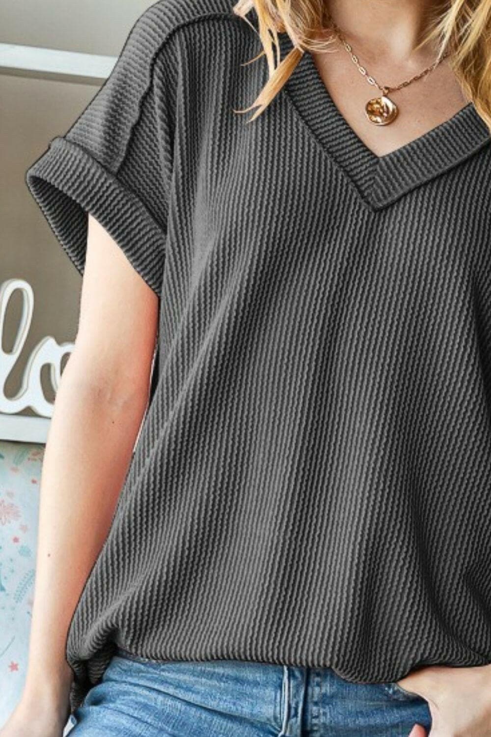 Heimish Full Size Exposed Seam Short Sleeve Ribbed Top.