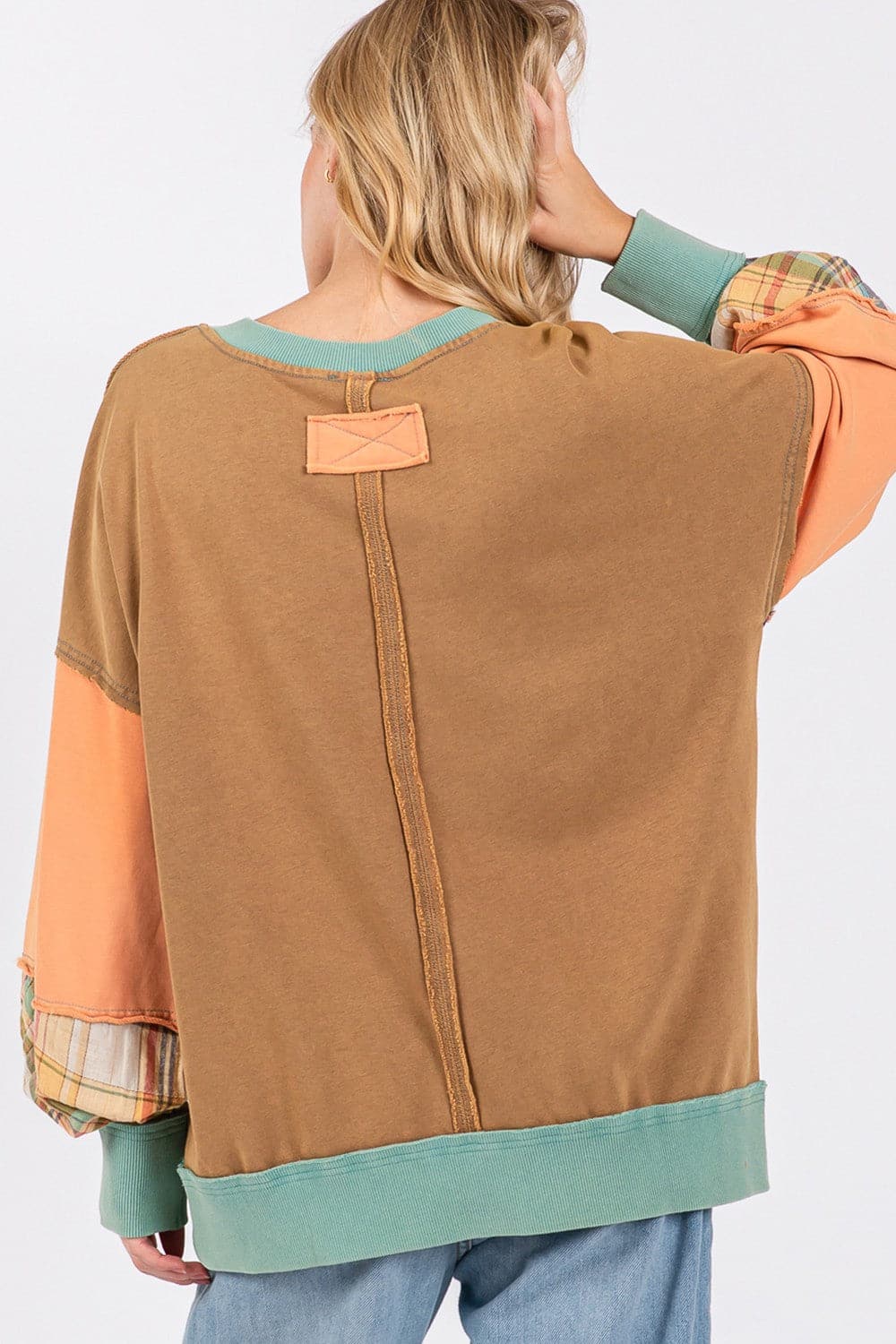 SAGE + FIG Mineral Wash Raw Edge Color Block Sweatshirt.