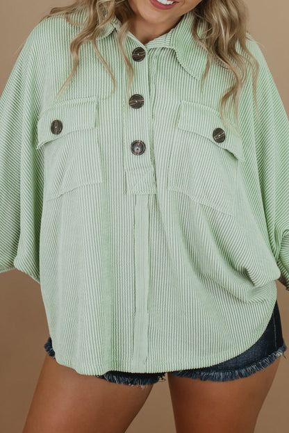 Chic green plus size ribbed henley top with pockets and long sleeves