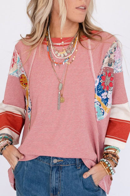 Floral Striped Patchwork Round Neck Blouse