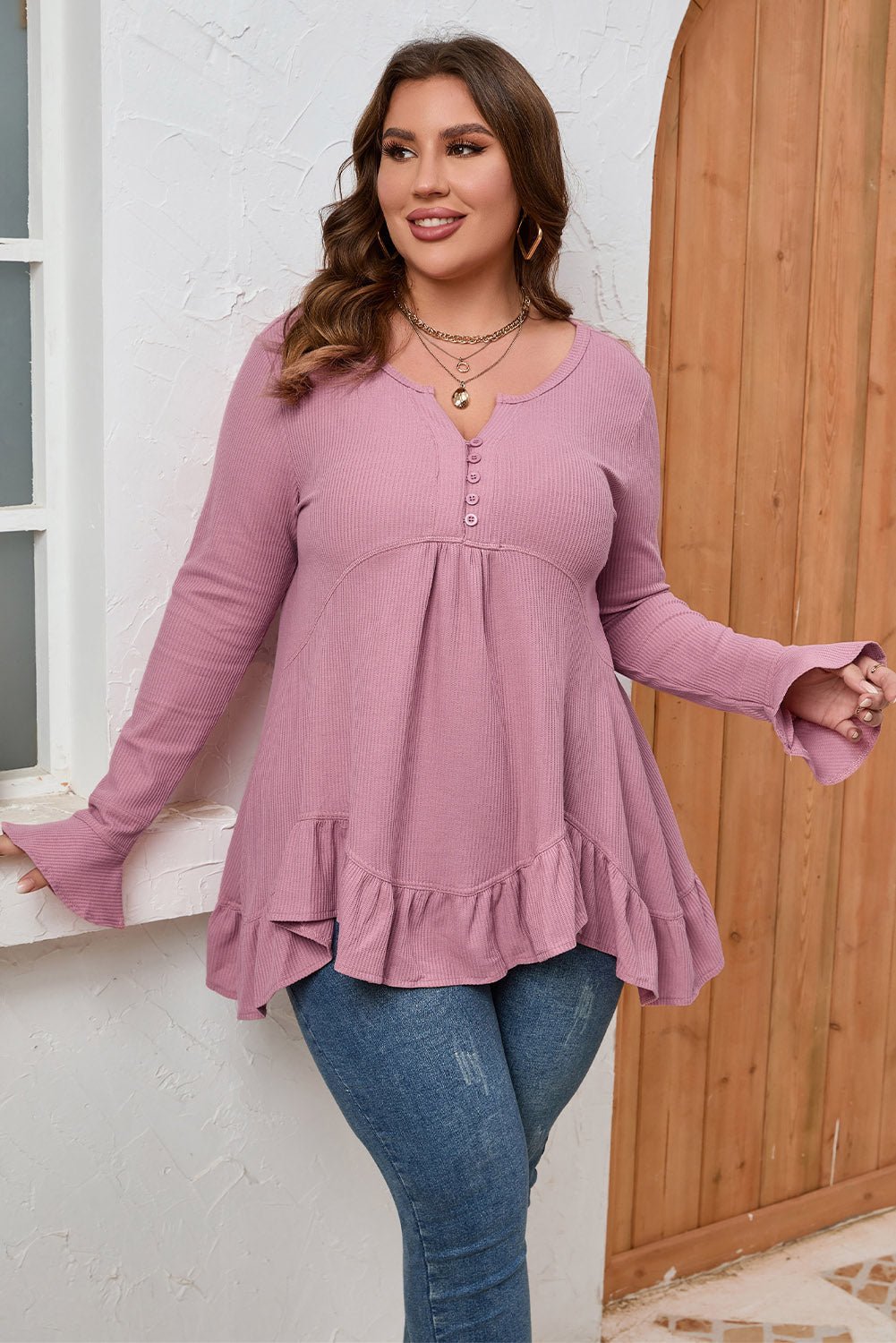 Chic pink plus size ruffled babydoll top in waffle knit