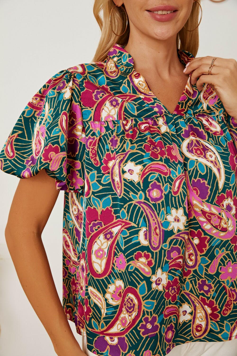 Floral Collared Neck Short Sleeve Blouse.