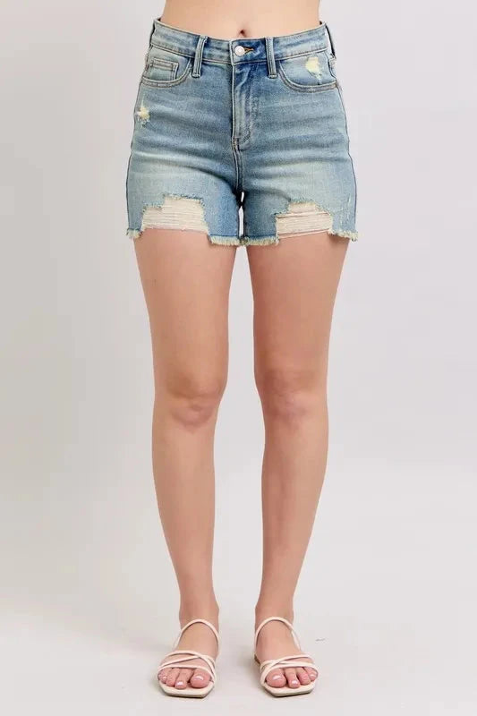 Judy Blue High Rise Washed Fly Stitch Detail and Destroy Denim Shorts Coco’s Tee Boutique