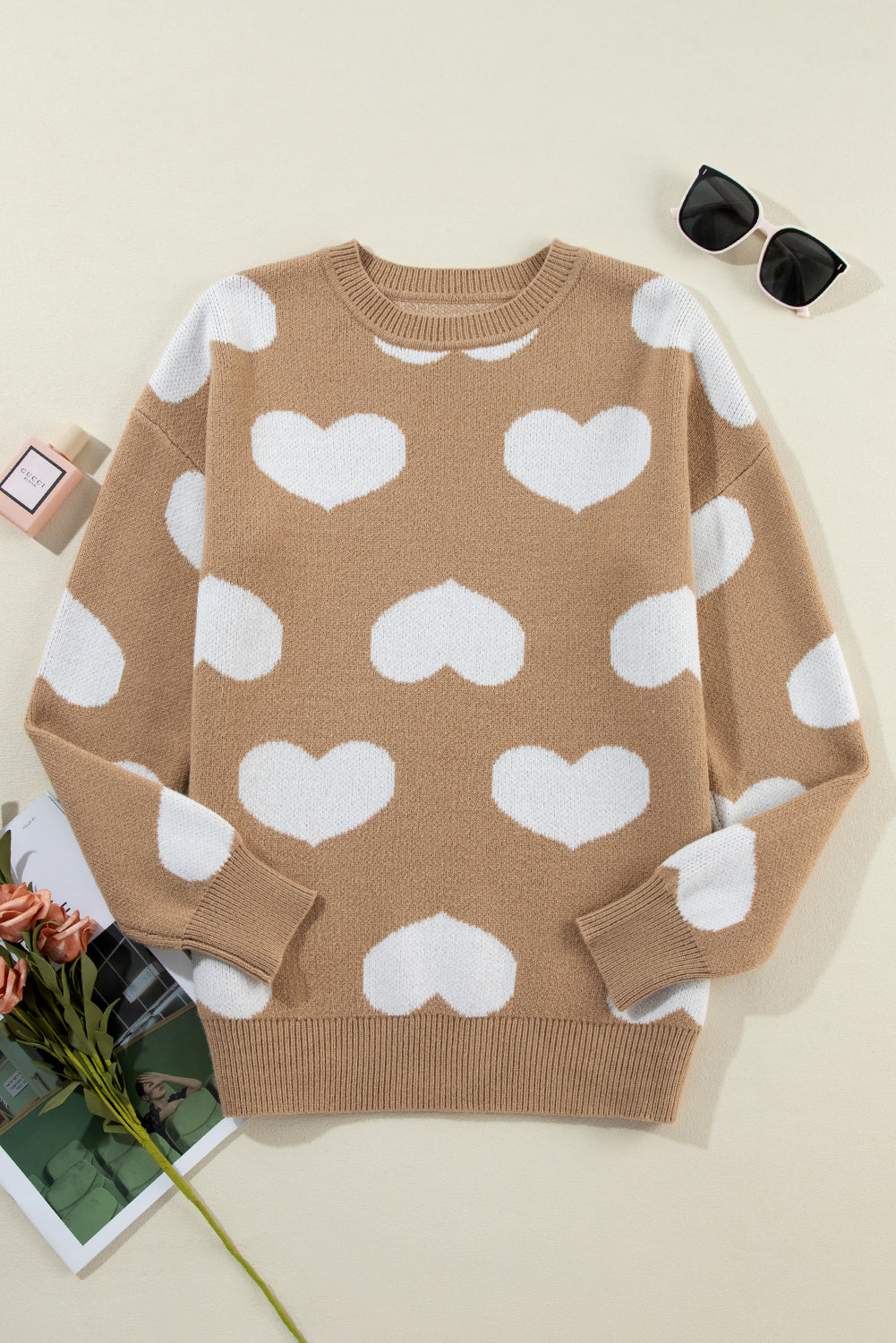 Khaki Heart Patterned Round Neck Casual Sweater