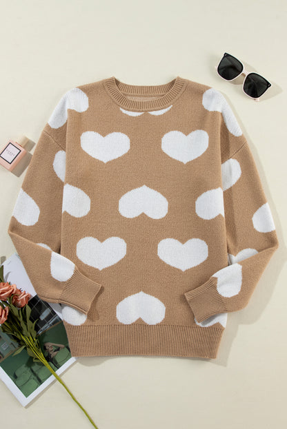 Khaki Contrast Heart Pattern Round Neck Sweater for Women