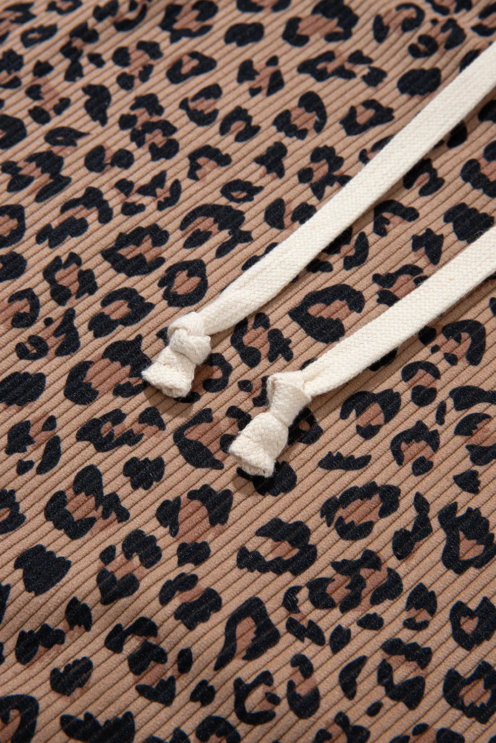 Khaki Ribbed Leopard Print Contrast Collar Zip Hooded Pullover Sweatshirt Dear-Lover Dropshipping